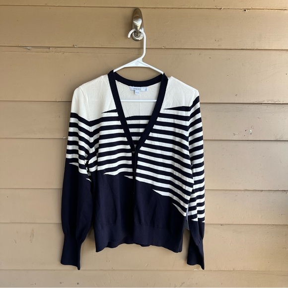 Chico's Mixed Striped Classic Navy Cardigan - Size M Preppy Nautical Casual NWT - Picture 1 of 6
